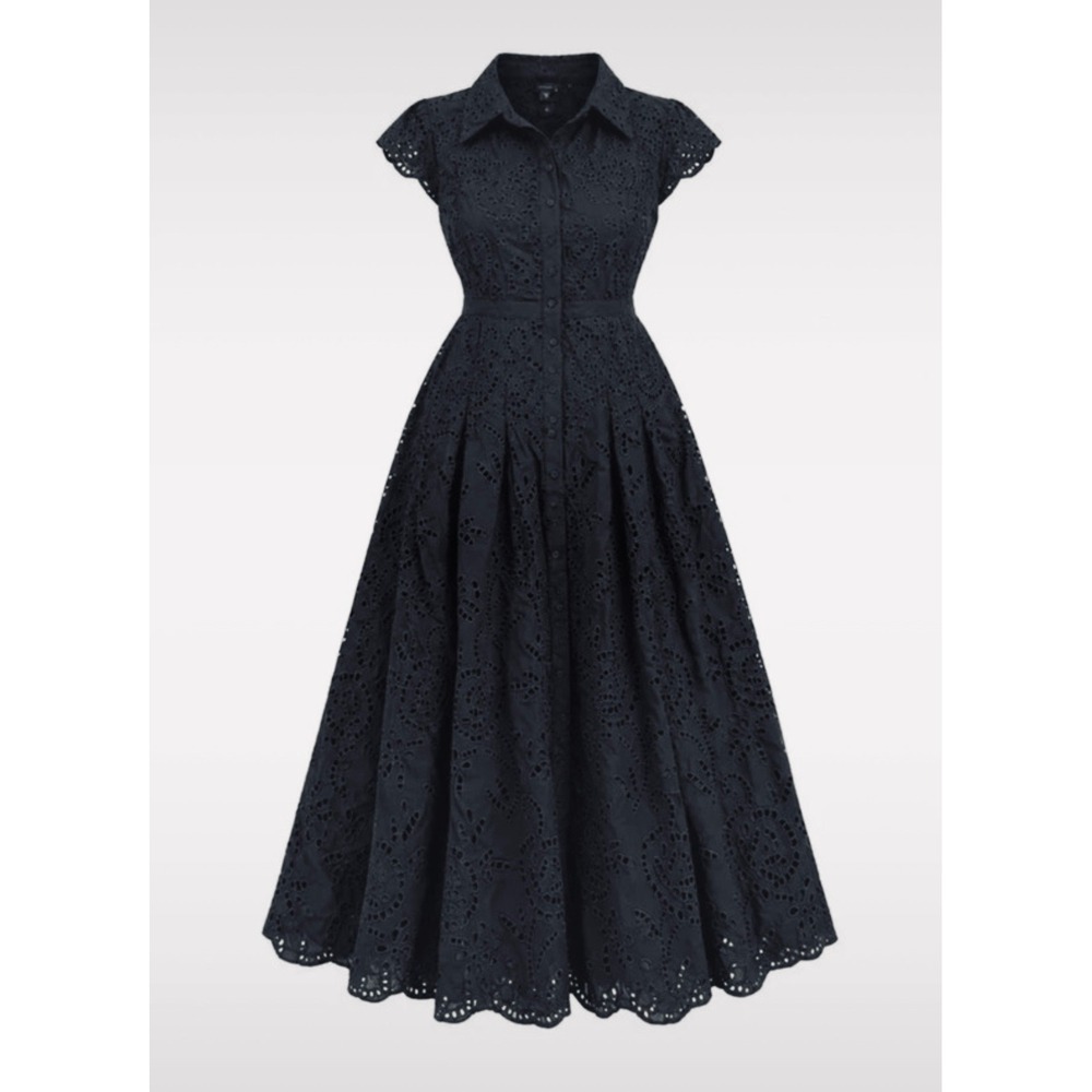 White House Black Market Eyelet Midi Shirtdress Womens 6 Black NWT 570324735
